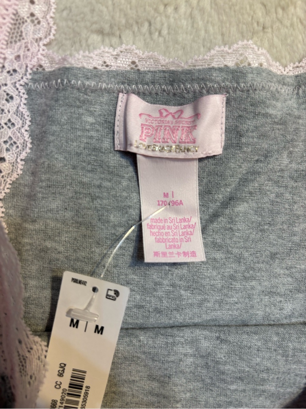 NWT LoveShackFancy X VS PINK Cami Medium Gray Pink Bow Lace Trim Tank Cotton NEW - Picture 13 of 16